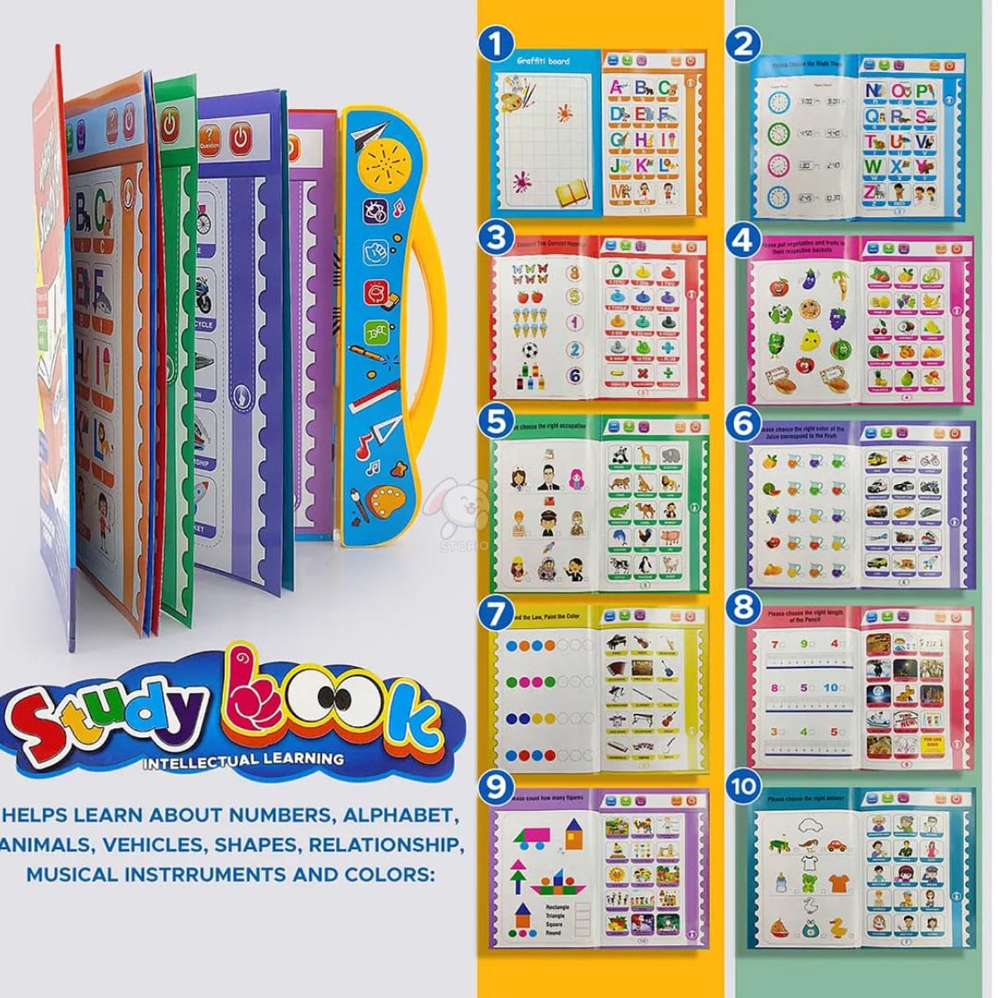 Bright, interactive buttons on the Kids Learning Book, designed for easy use by toddlers.