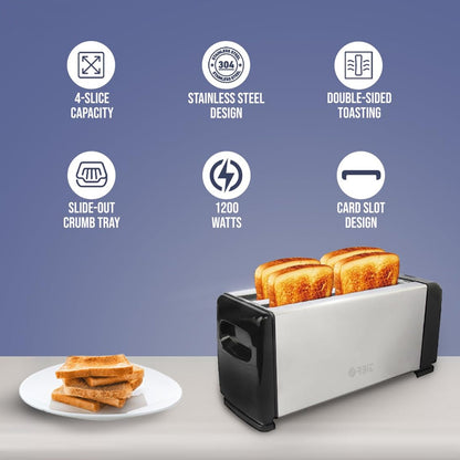 Detail of Orbit toaster's black end panels and sleek stainless steel design