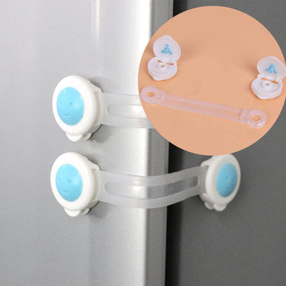 White Baby Safety Strap Lock securely fastened on a cabinet door, showing its childproof design.