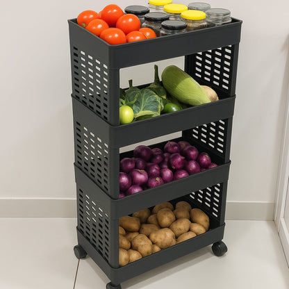 Close-up of the ventilated baskets on the 4-layer plastic storage rack, ensuring airflow.