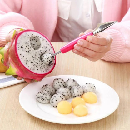 A multi-functional stainless steel peeler and corer tool for fruits.