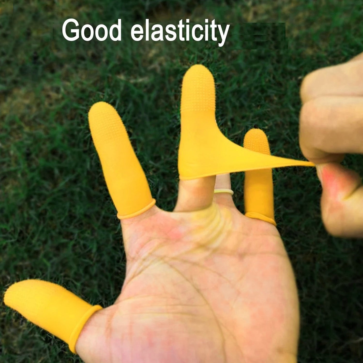 Detailed view of flexible silicone finger sleeves for medical use.