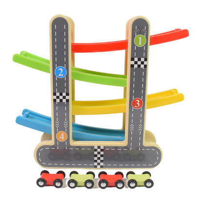 Overview of the complete wooden car ramp set with its four vibrant mini vehicles.