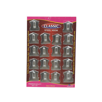 A stack of 18 self-adhesive stainless steel wall hooks.