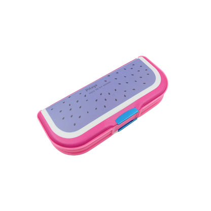 Brightly colored cartoon pencil case with two compartments, ideal for school children.