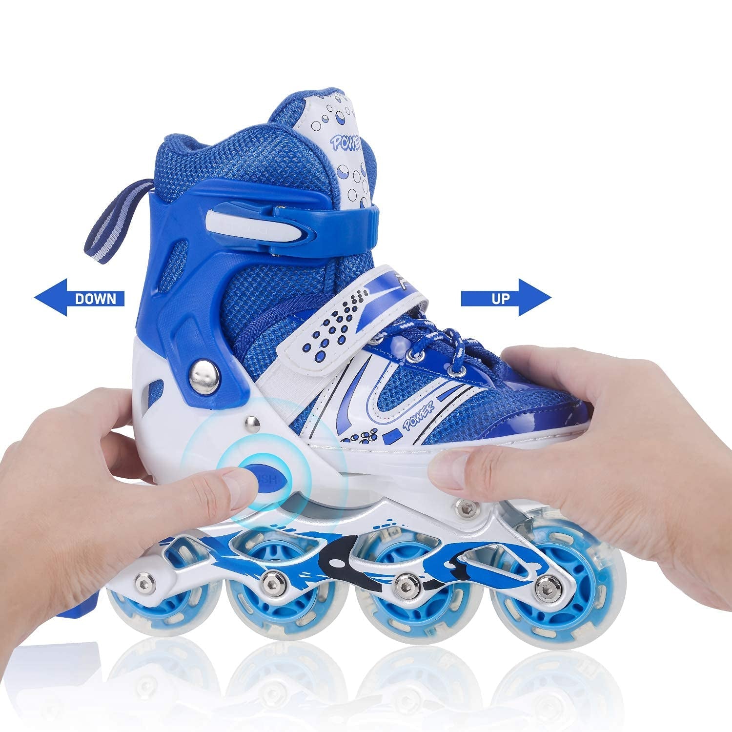 Adjustable LED inline skates in black with flashing wheels.