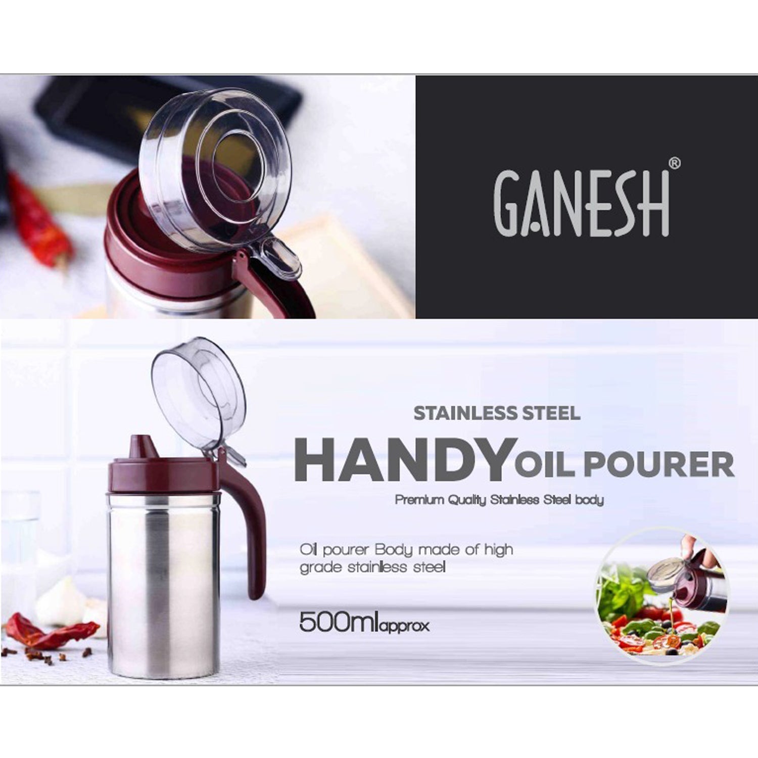 Top-down view of the 500ml stainless steel oil container, with its transparent lid visible.