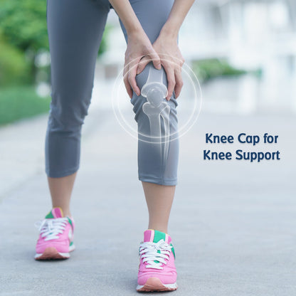 Side view of the grey medium knee support cap, showcasing its snug fit.