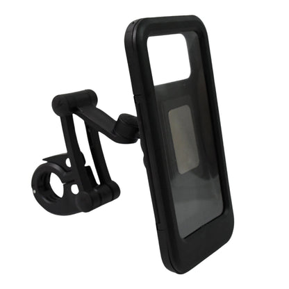 Waterproof bike phone mount with a smartphone inside, mounted on a bicycle for a ride.