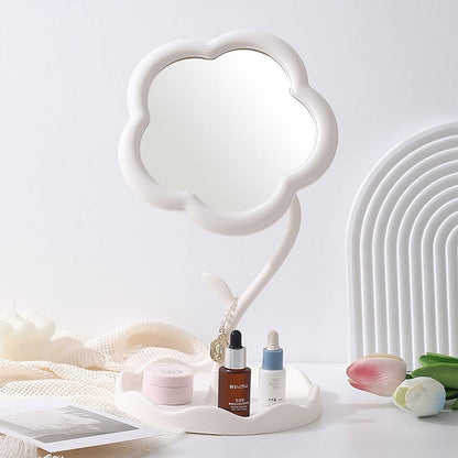 Flower vanity mirror with jewelry and small accessories stored neatly in base tray