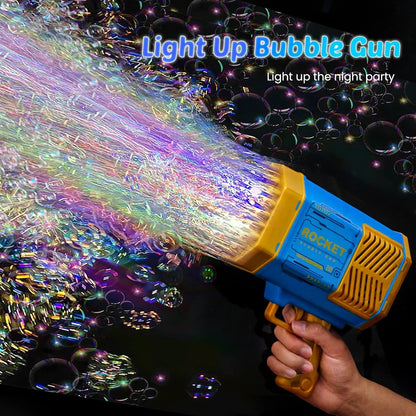 The charging port and cable for the powerful rechargeable bubble gun are highlighted.