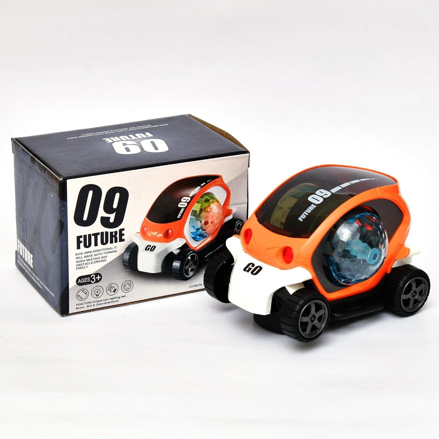 Front-angle view of the red rotating stunt car toy, detailing its sleek design and light placement.