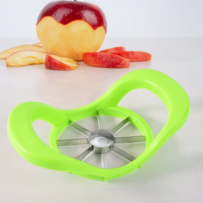 A fresh red apple being perfectly sliced by the fruit cutter.