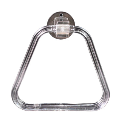 Modern bathroom setting featuring the clear square ABS towel ring holding a hand towel.