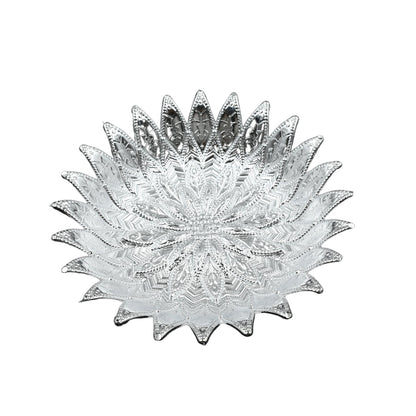 Elegant plastic serving tray with a silver finish, viewed from a top angle on a table.
