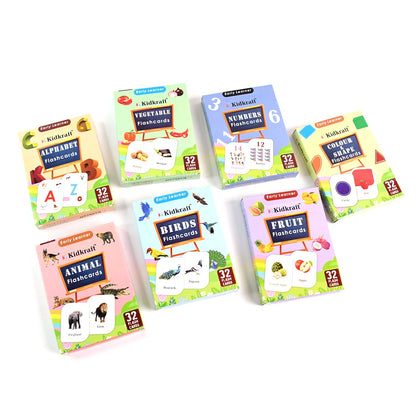Educational flashcards laid out displaying various learning topics