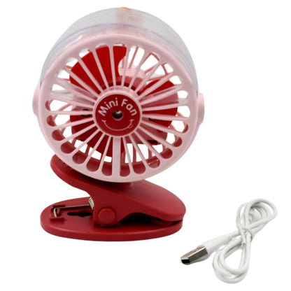 The compact clip-on fan with its refreshing spray mist feature activated.
