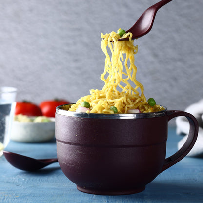 Ganesh brand insulated steel bowl with spoon and fork.