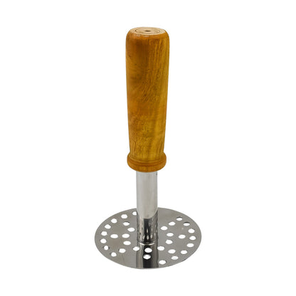 Stainless steel kitchen masher featuring a comfortable wooden handle, laid flat.