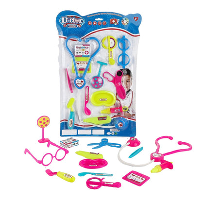 Various toy medical instruments from the multicolour Kids Doctor Set, encouraging learning.