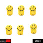 A pack of six vibrant yellow smiley face adhesive hooks for wall organization.