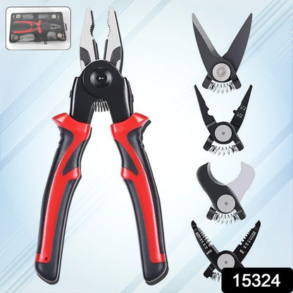 Close-up of multiple tool heads on wire stripper pliers set for cutting and gripping wires