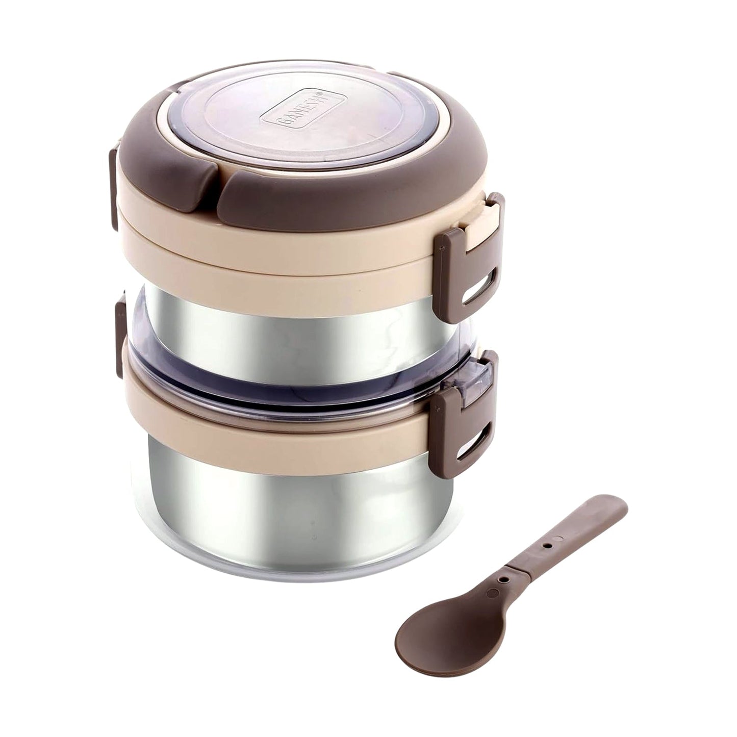 Double layer stainless steel lunch box with foldable spoon and carrying box