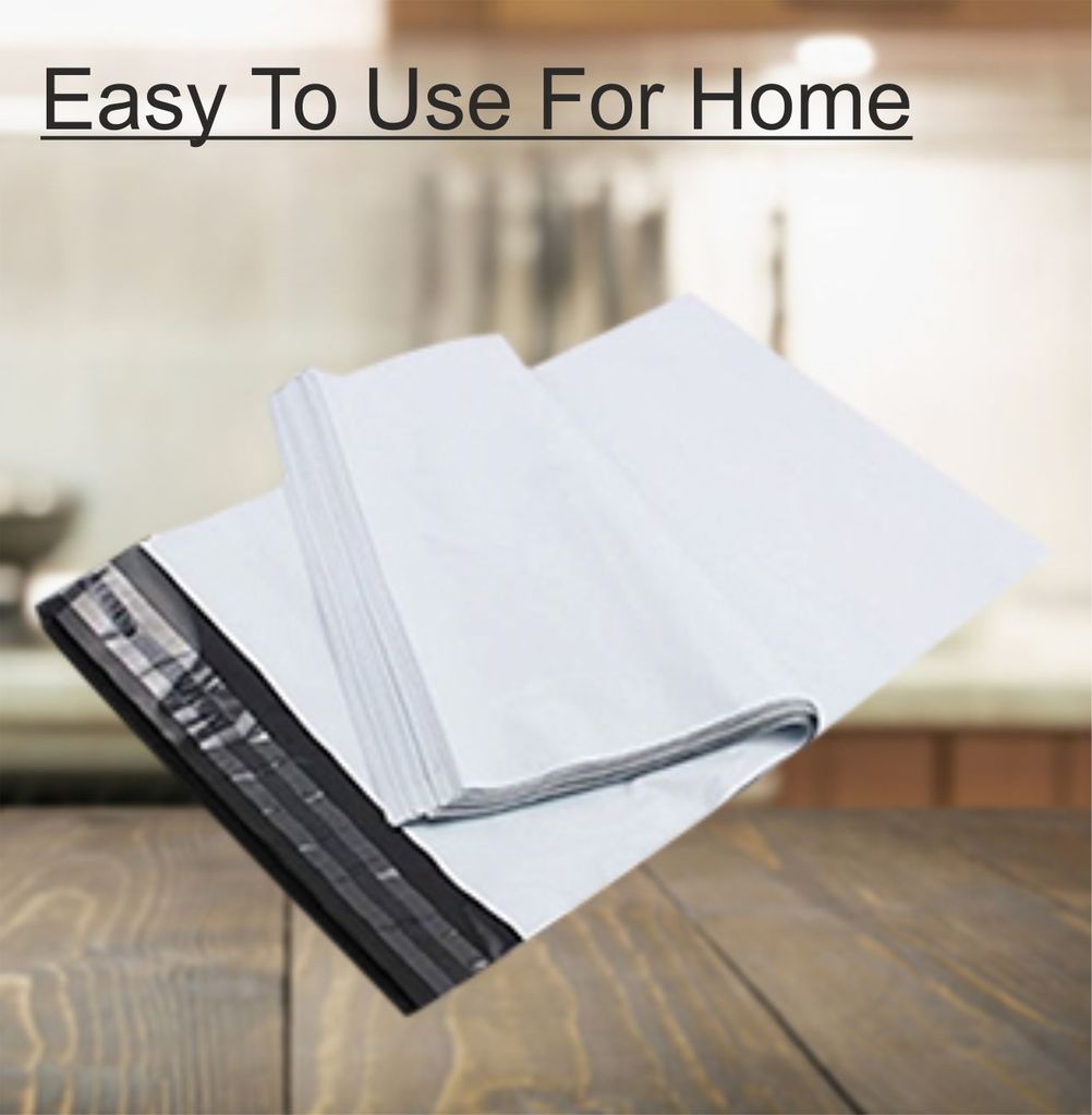 Close-up of a white poly courier bag ready for packaging shipments.