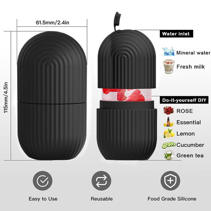 Hand holding the black ice roller, demonstrating its use for facial swelling reduction.