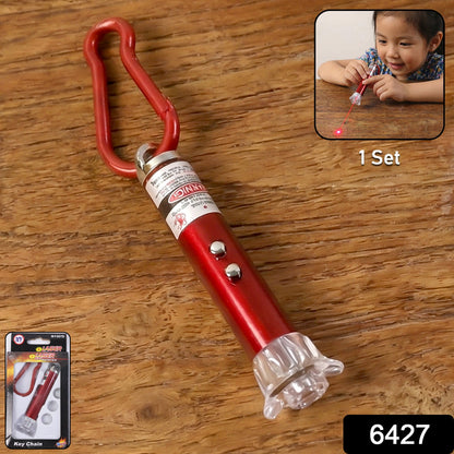 Bright red laser beam from the multi-functional laser pointer and LED flashlight.
