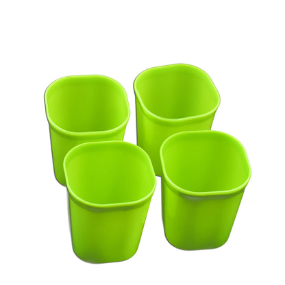 Stackable and lightweight plastic drinking glasses in a set of four.