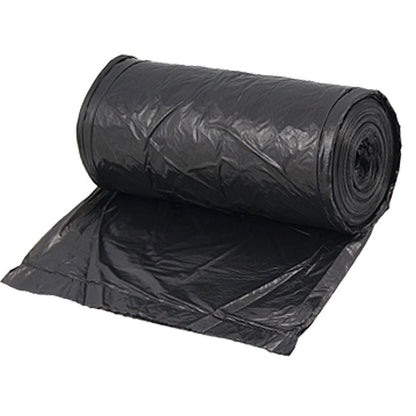 Illustration demonstrating how to easily tear off a black garbage bag from the roll.