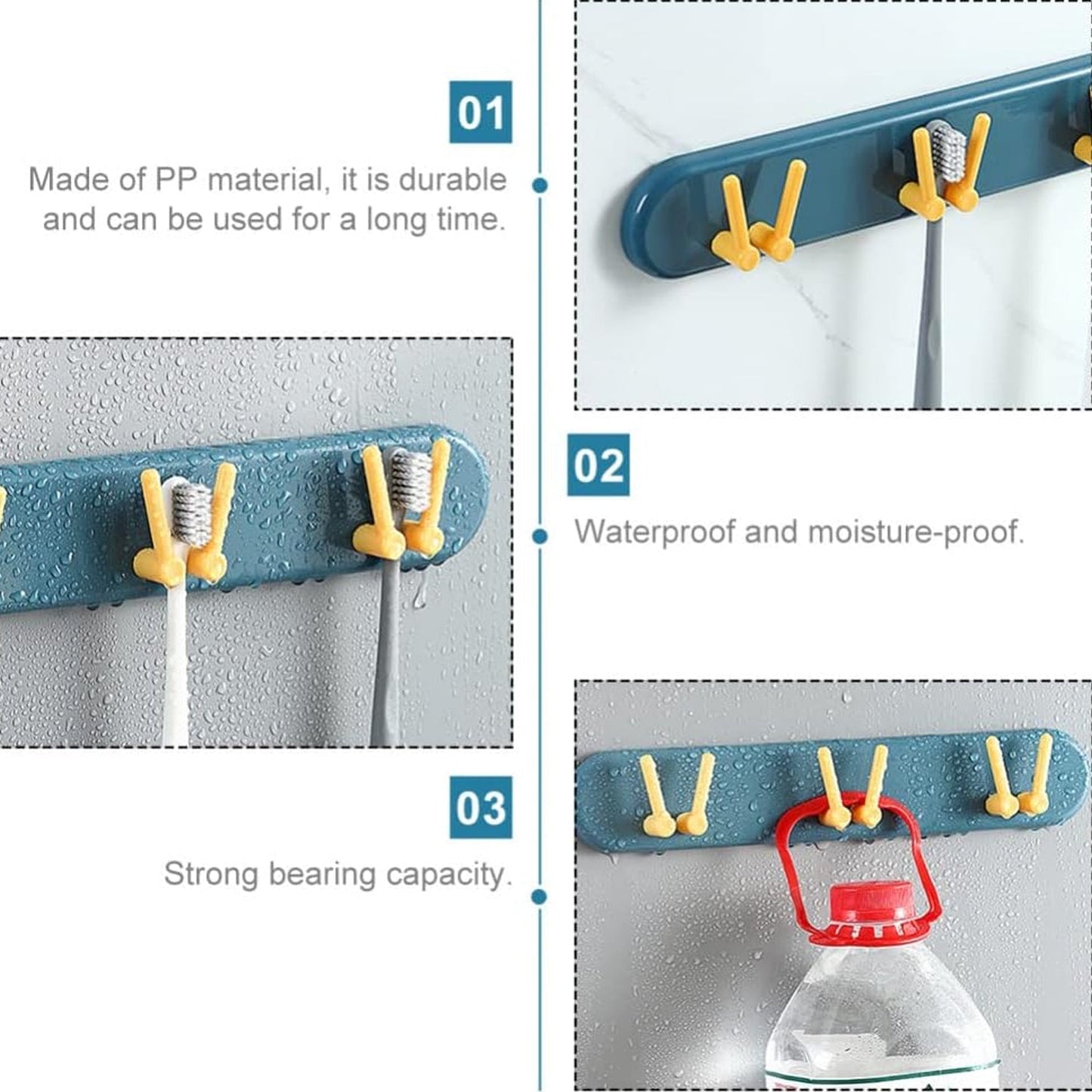 Modern wall-mounted bathroom shelf with hooks, perfect for hygienic toothbrush storage.