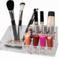 Top view of acrylic makeup organizer showing 16 clear compartments