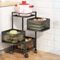 CookAura 3-layer metal kitchen trolley with rotating baskets for fruit storage.