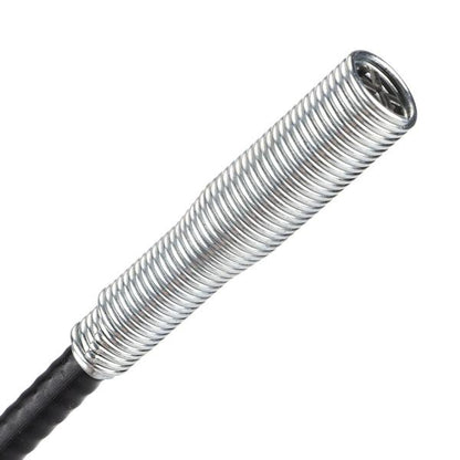 Stainless steel drain cleaning brush coiled for compact storage.