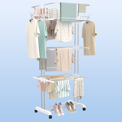 Compact foldable clothes drying rack shown partially folded for storage.