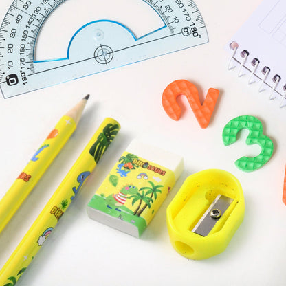 Multiple angles of dinosaur printed kids stationery set showing full kit