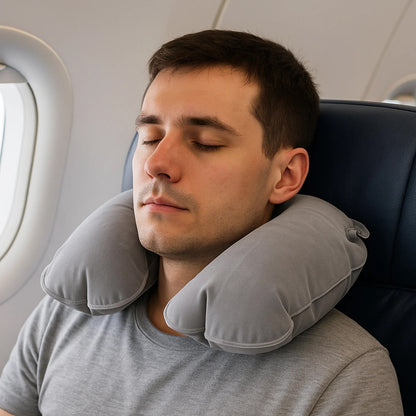 Compact travel sleep kit showing eye mask and neck support pillow