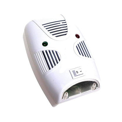 A single white plastic pest repeller with a switch, red and green lights, and a clear bottom panel with two bulbs.