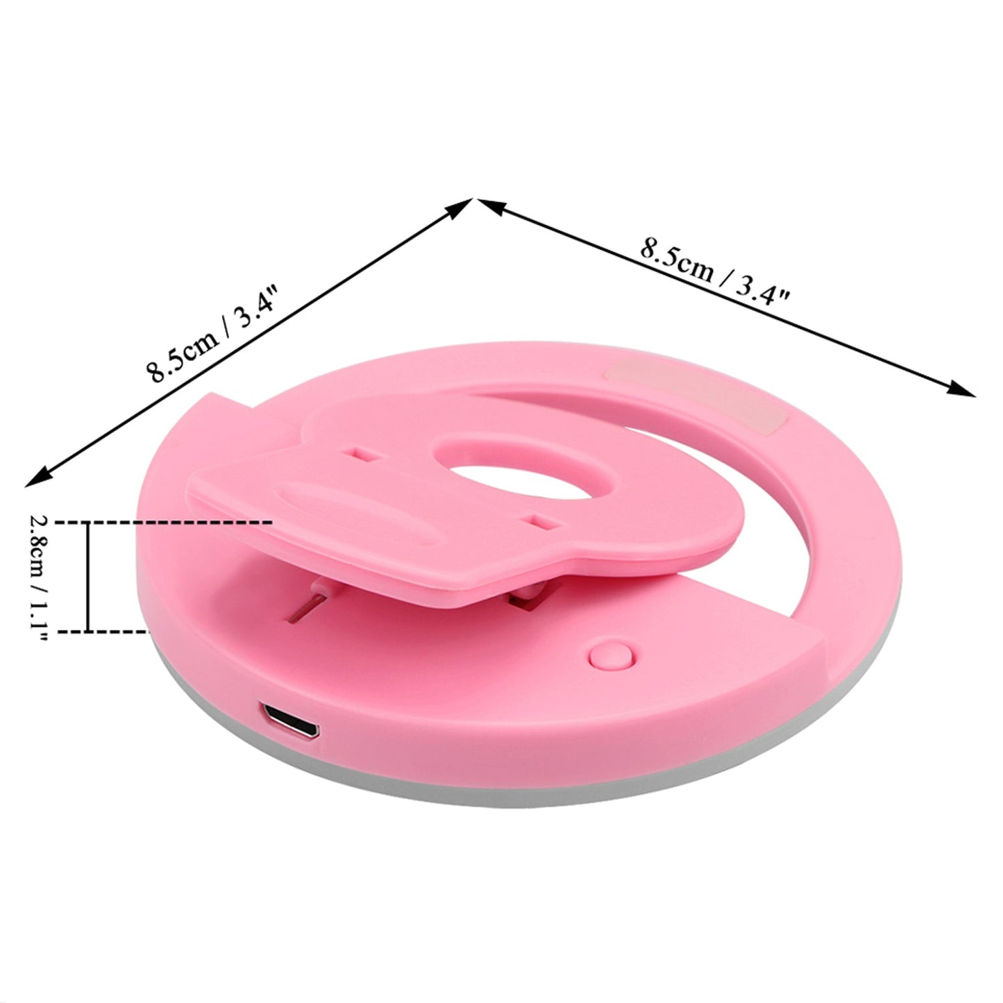 Detailed view of the LED bulbs on the selfie ring light for optimal illumination.