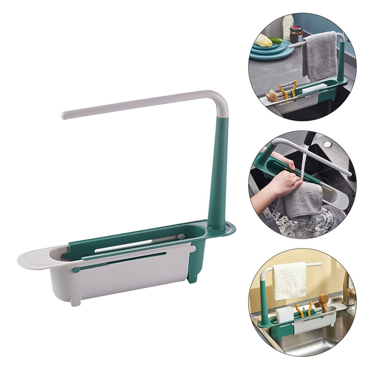 Close-up of the expandable dish drying rack, highlighting its sturdy plastic construction and drainage holes.