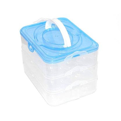 The 3-layer plastic refrigerator egg storage box securely closed.