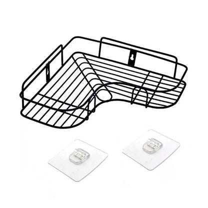 Waterproof corner shelf organiser used in a humid bathroom environment.