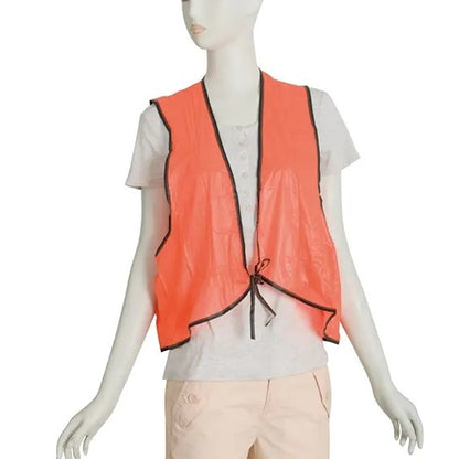 Close-up view of the tie closure on a fluorescent yellow PVC safety vest, highlighting its adjustable design.