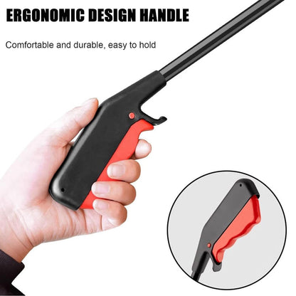 A senior demonstrating the comfortable use of the grabber tool for reaching.