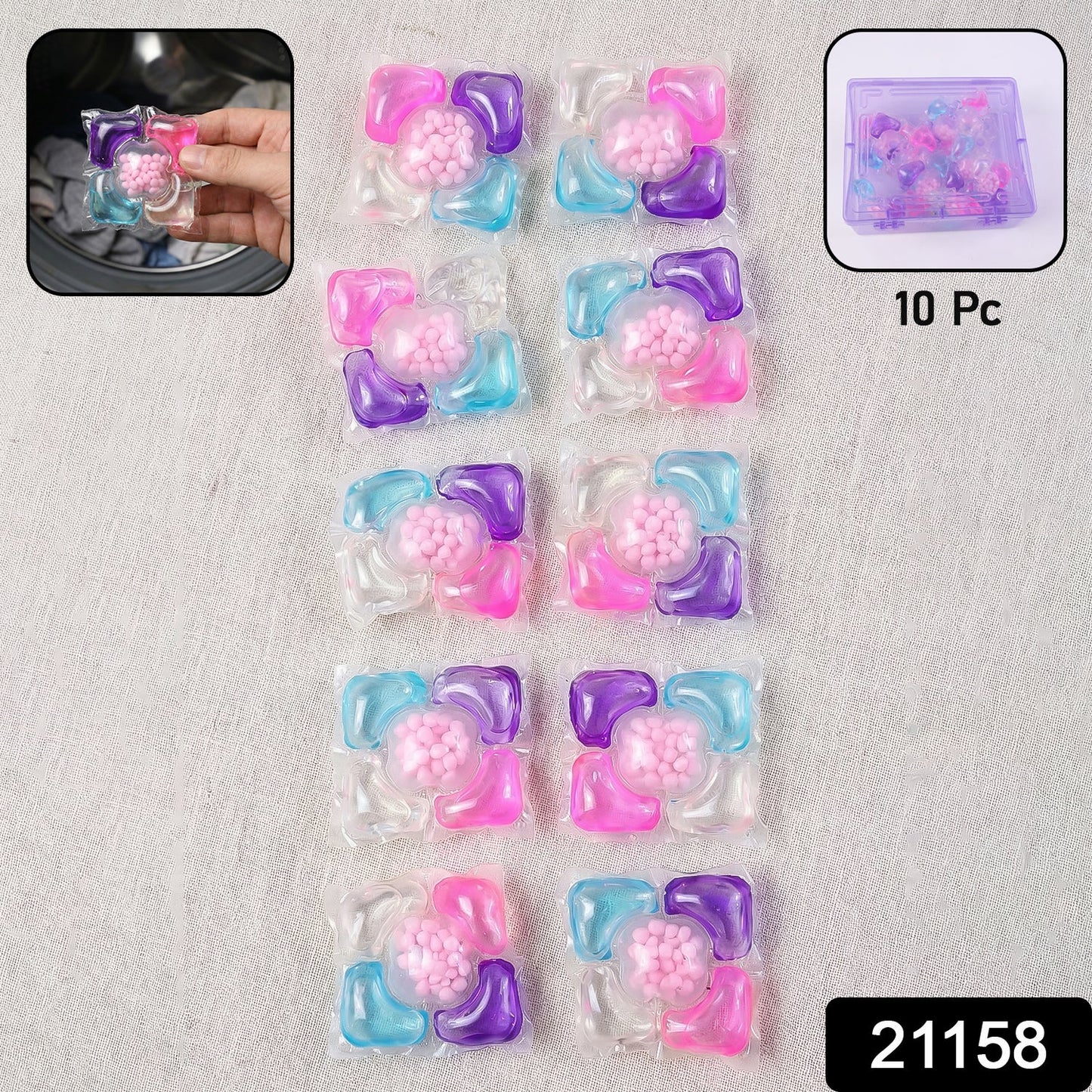 Close-up of a blue and orange laundry detergent pod showing the liquid in the capsule.