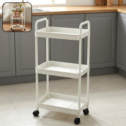 3 layer rolling storage trolley with shelves for kitchen and bathroom organization