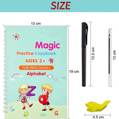 Close-up of a child using a Magic Copybook to practice writing skills.