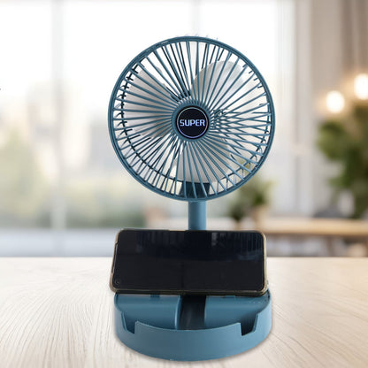 Side view of the Portable Desktop Fan extended, demonstrating its telescopic stand.